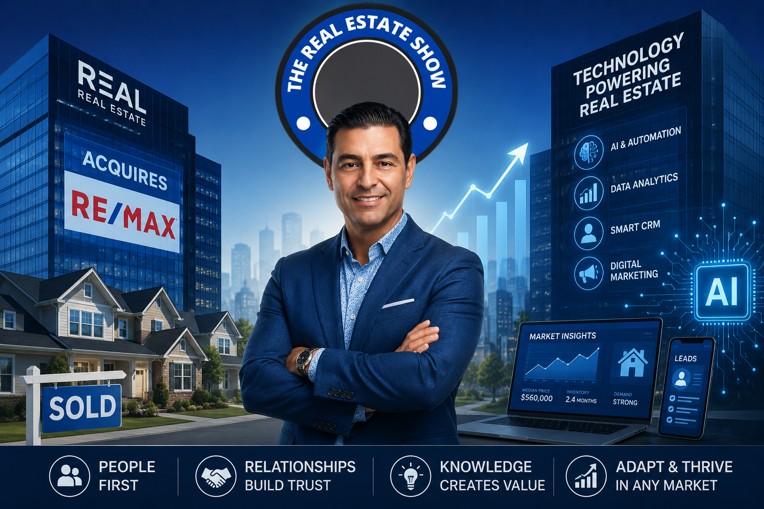 Real estate agent standing confidently between large brokerage buildings and AI technology graphics. Real estate agent standing confidently between large brokerage buildings and AI technology graphics.