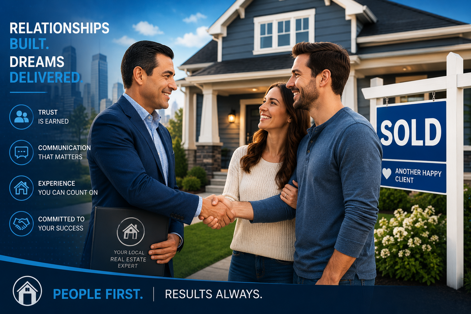 Independent real estate agent shaking hands with happy homeowners. Independent real estate agent shaking hands with happy homeowners.