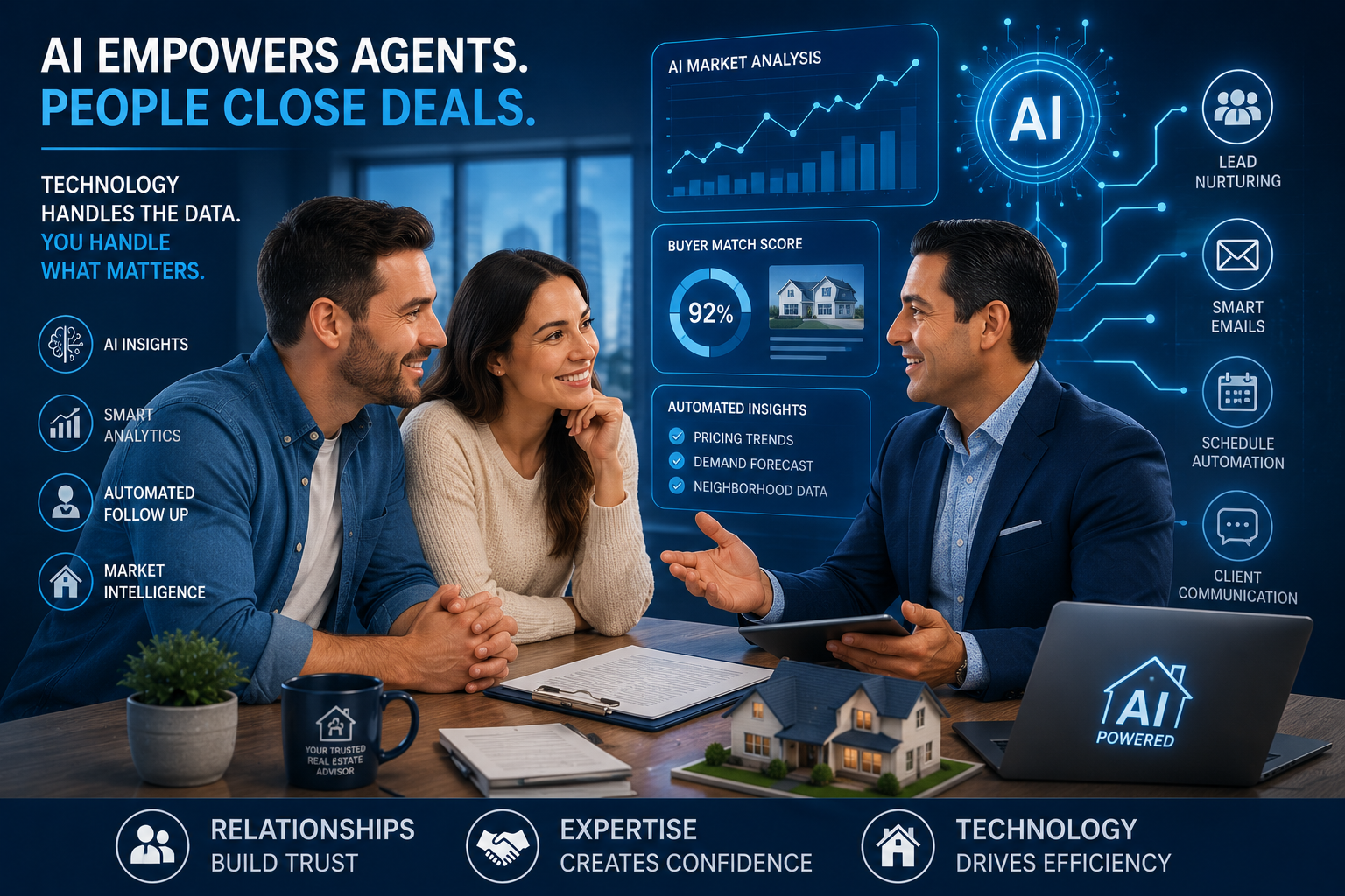 uman realtor helping clients while AI technology assists in the background. uman realtor helping clients while AI technology assists in the background.