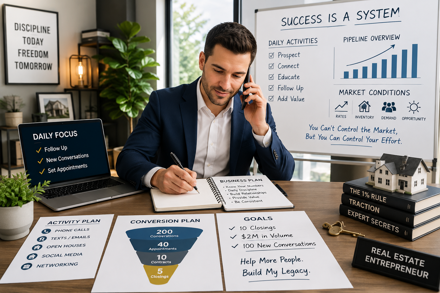 Alt Text: Real estate agent reviewing business goals and performance metrics.