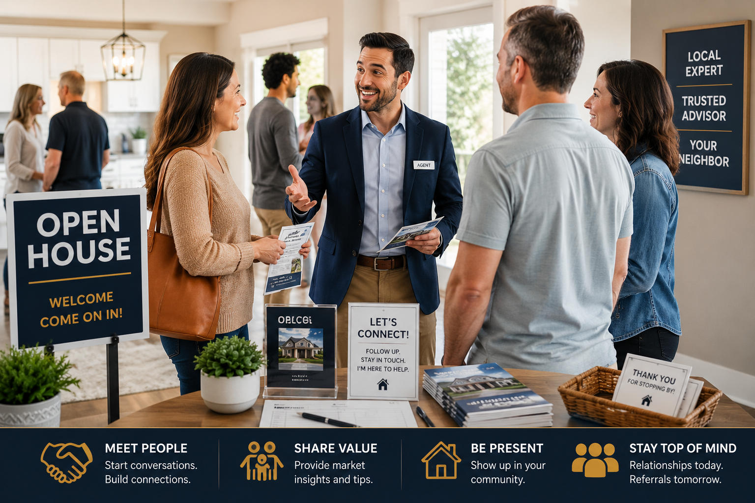 Alt Text: Real estate agent networking with visitors at an open house.