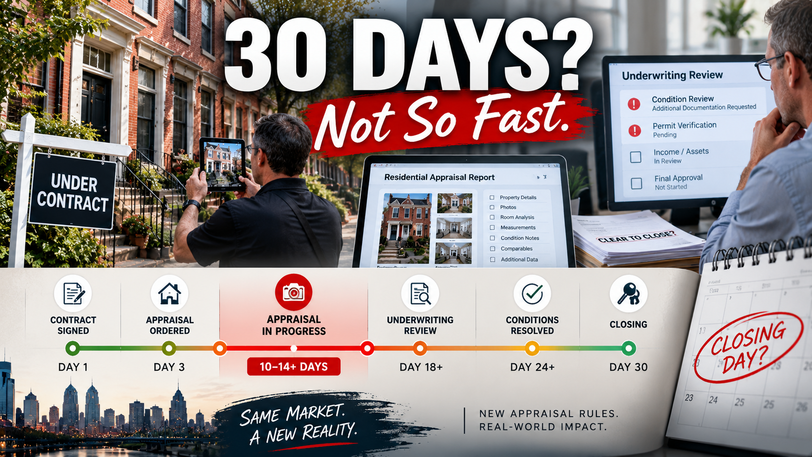 : Real estate appraisal timeline showing how a 10-to-14-day appraisal and additional underwriting conditions could challenge a 30-day closing.