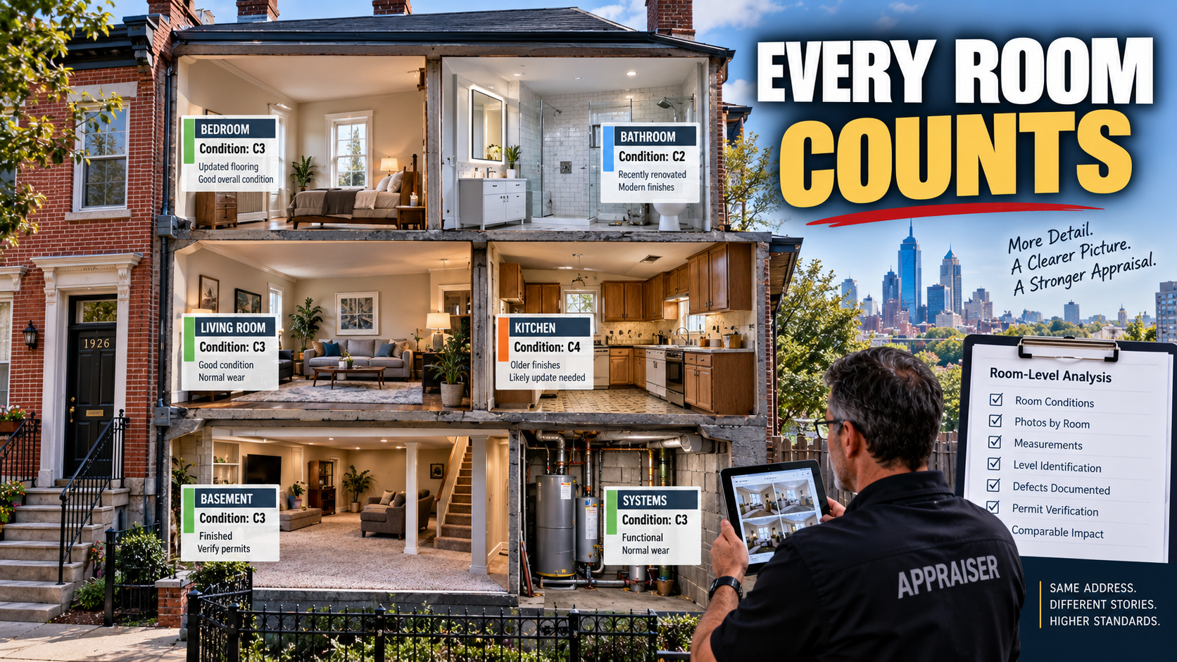 Appraiser documenting room-by-room conditions in a Philadelphia rowhome, including the bedroom, bathroom, living room, kitchen, basement and mechanical systems.