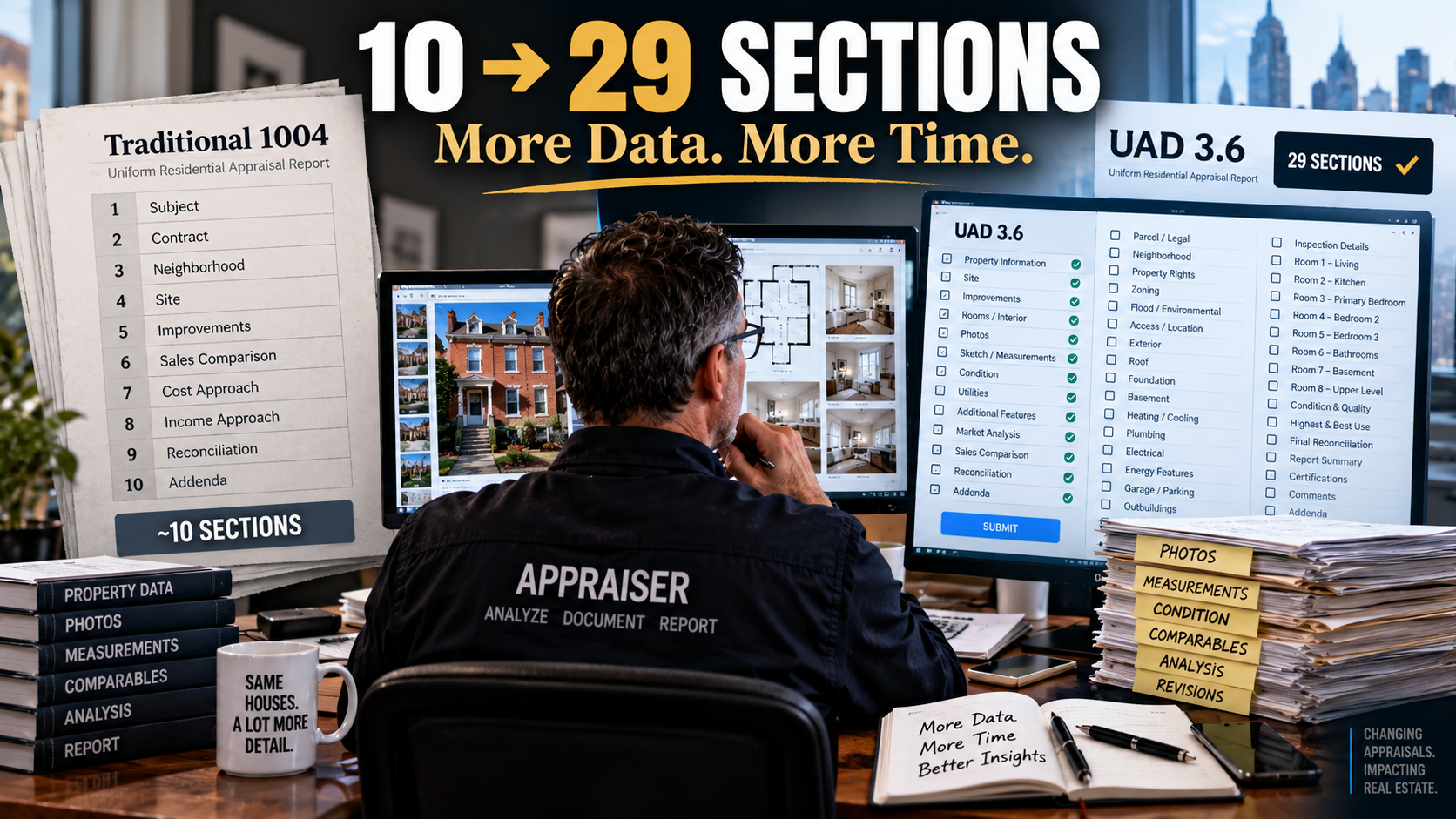 Appraiser comparing the traditional 1004 report’s approximately 10 sections with a detailed UAD 3.6 appraisal containing up to 29 sections.