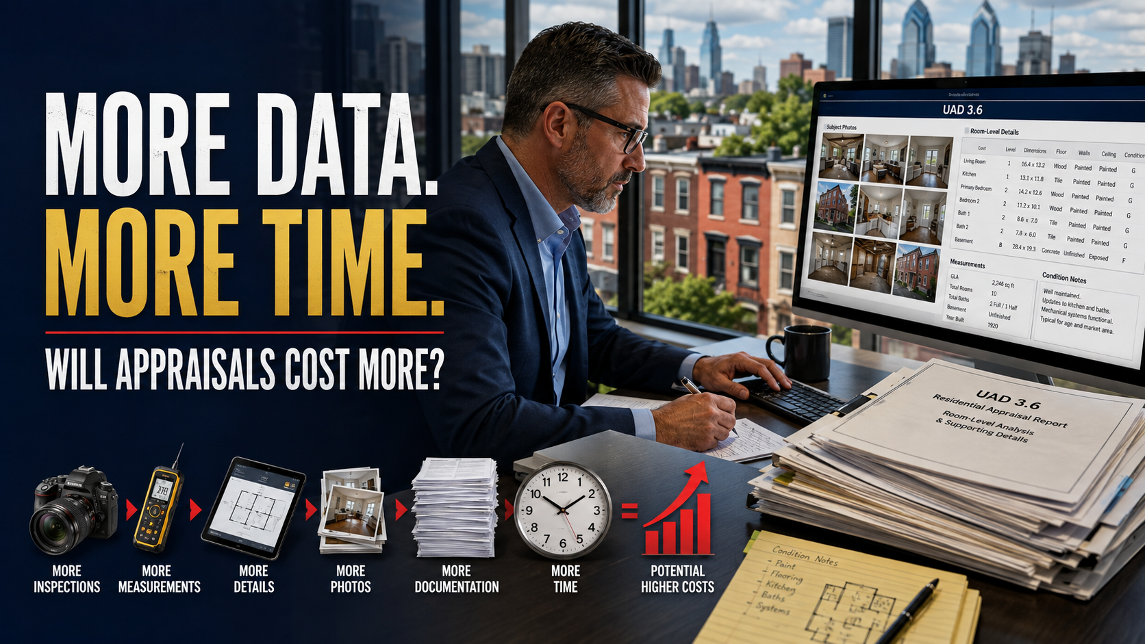 Appraiser reviewing a detailed UAD 3.6 report with property photos, measurements and documentation illustrating how increased workload may raise appraisal costs.