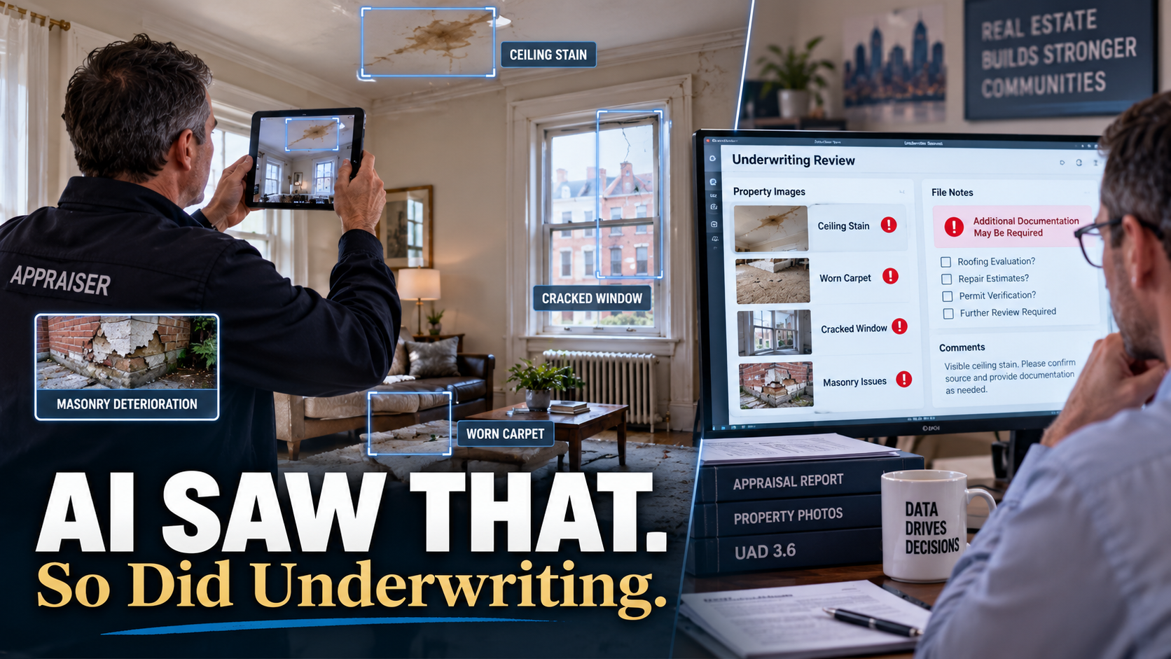 Appraiser photographing a ceiling stain, cracked window, worn carpet and masonry damage while AI-assisted software flags the conditions for underwriting review.