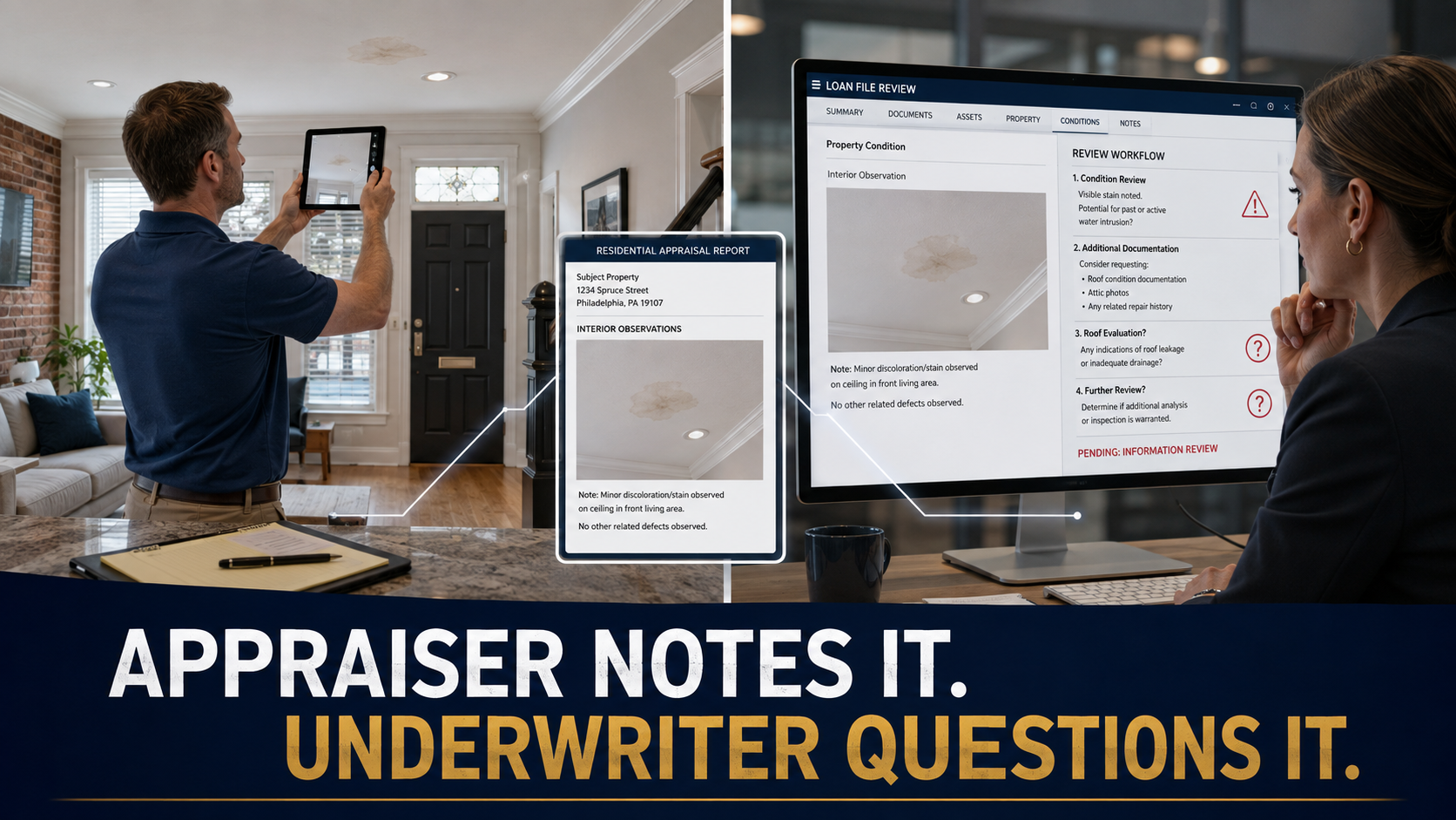 Appraiser photographs a ceiling stain while a mortgage underwriter reviews the same image and considers requesting additional property documentation.