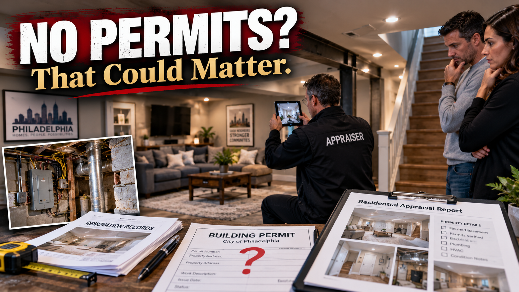 Appraiser documenting a renovated Philadelphia basement while homeowners review missing permit records for electrical, plumbing and structural work.