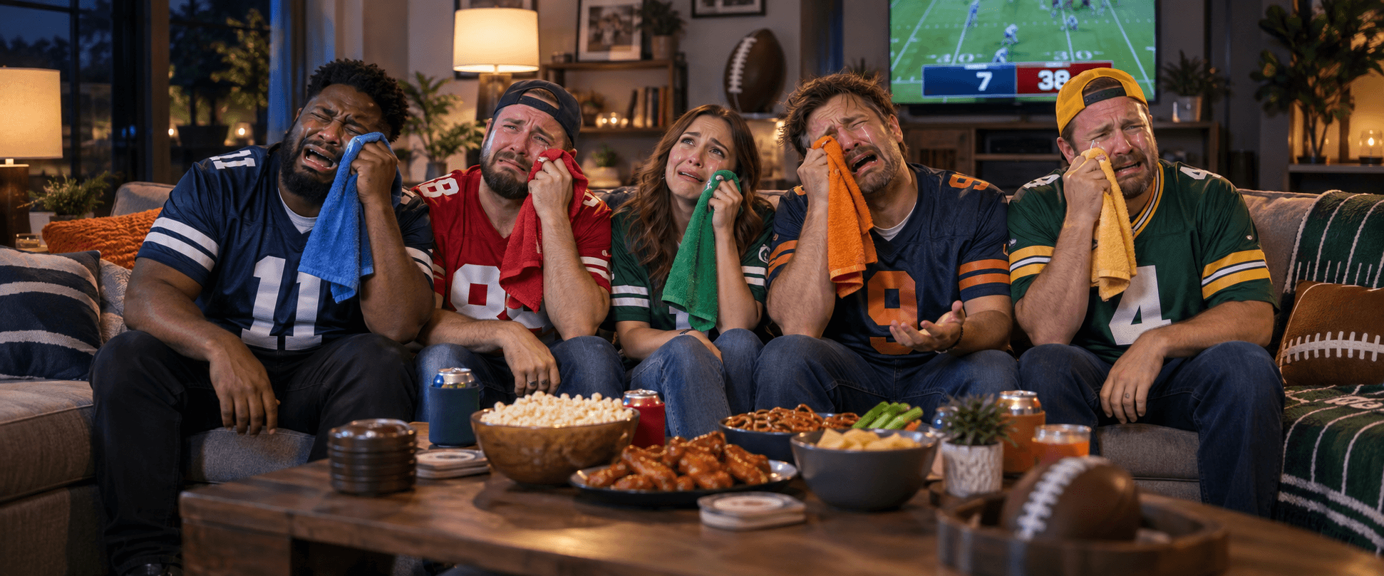 Football fans on a couch reacting to a loss, each holding a fan tear towel