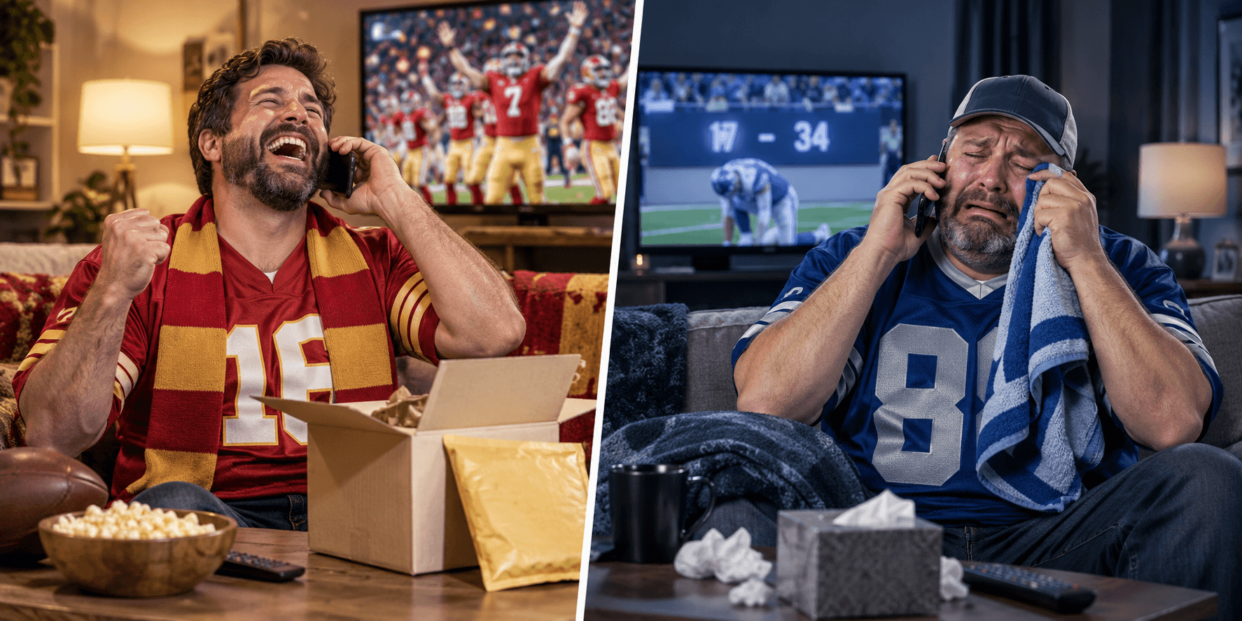 Split screen: one fan celebrating on the phone beside an opened delivery box, the other in tears wiping his face with a fan tear towel