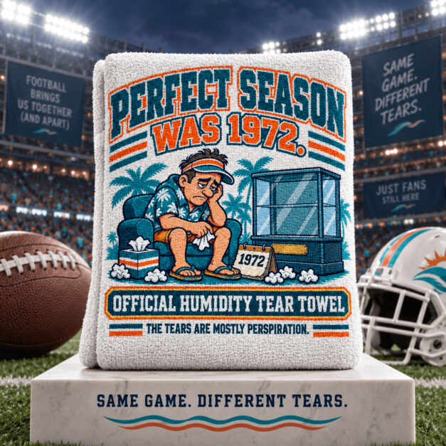 Miami novelty fan tear towel in Aqua and Orange colors
