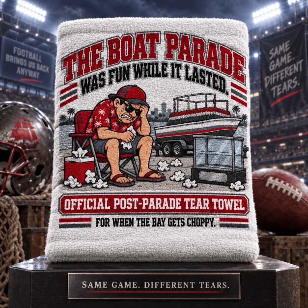 Tampa Bay novelty fan tear towel in Red and Pewter colors