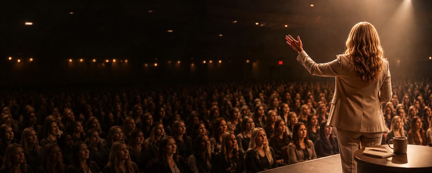 Ali Simpson addressing a full auditorium from the stage