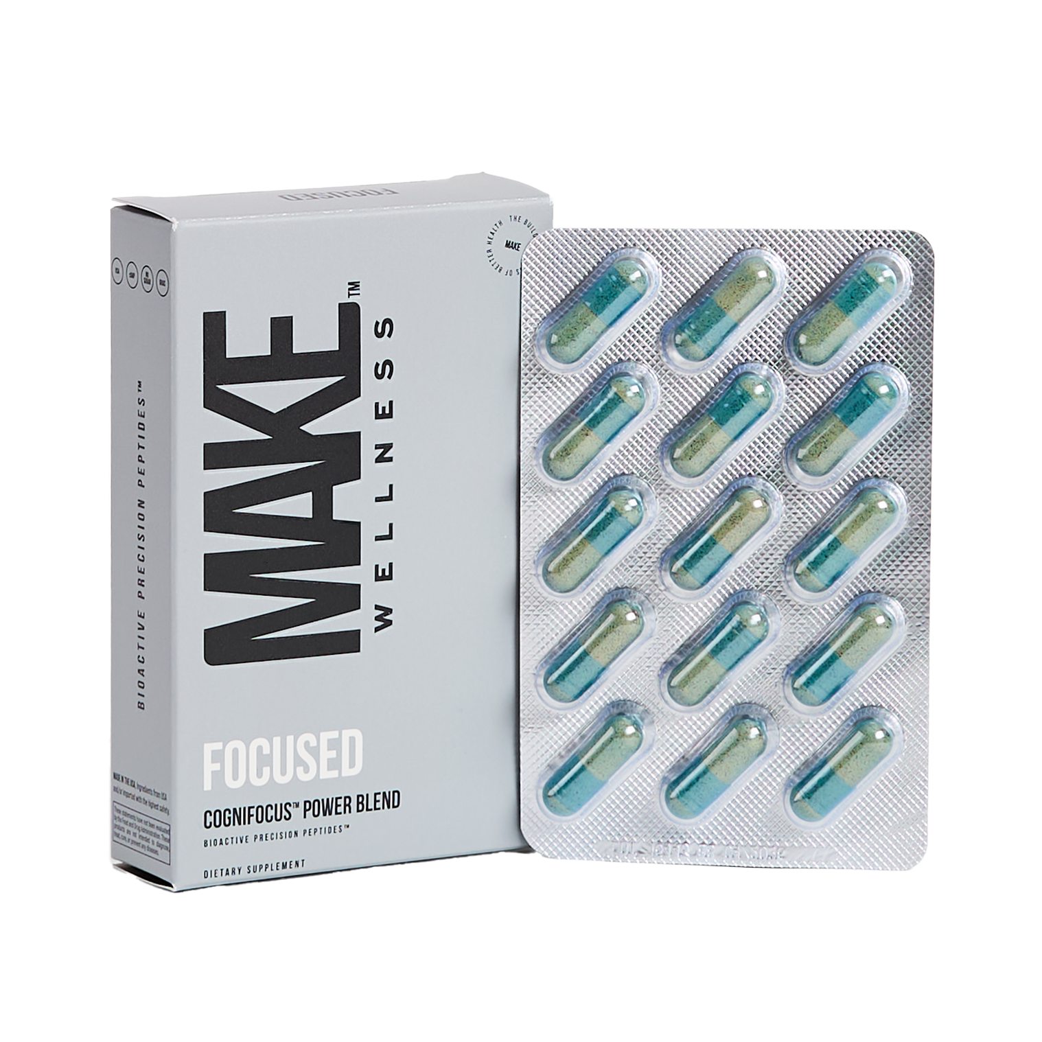 CogniFocus™ is a targeted blend designed to sharpen focus, enhance attention, and support brain health. Key ingredients include Bacopa Monnieri for memory and reduced anxiety, Ginkgo peptides for concentration and fatigue, Lutemax Brain for eye protection and cognitive support, and phosphatidylserine to maintain brain cell integrity and memory