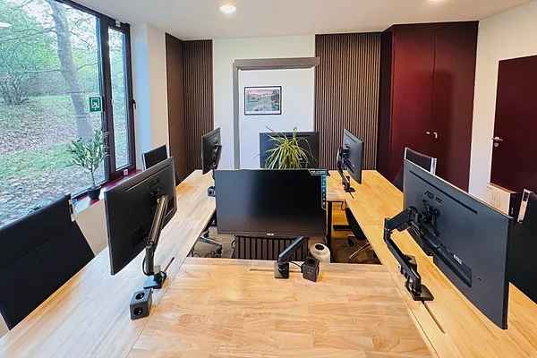 Coworking-Arbeitsplätze mit Monitoren und Blick ins Grüne