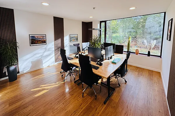 Heller Coworking-Raum mit großem Fenster und Pflanzen