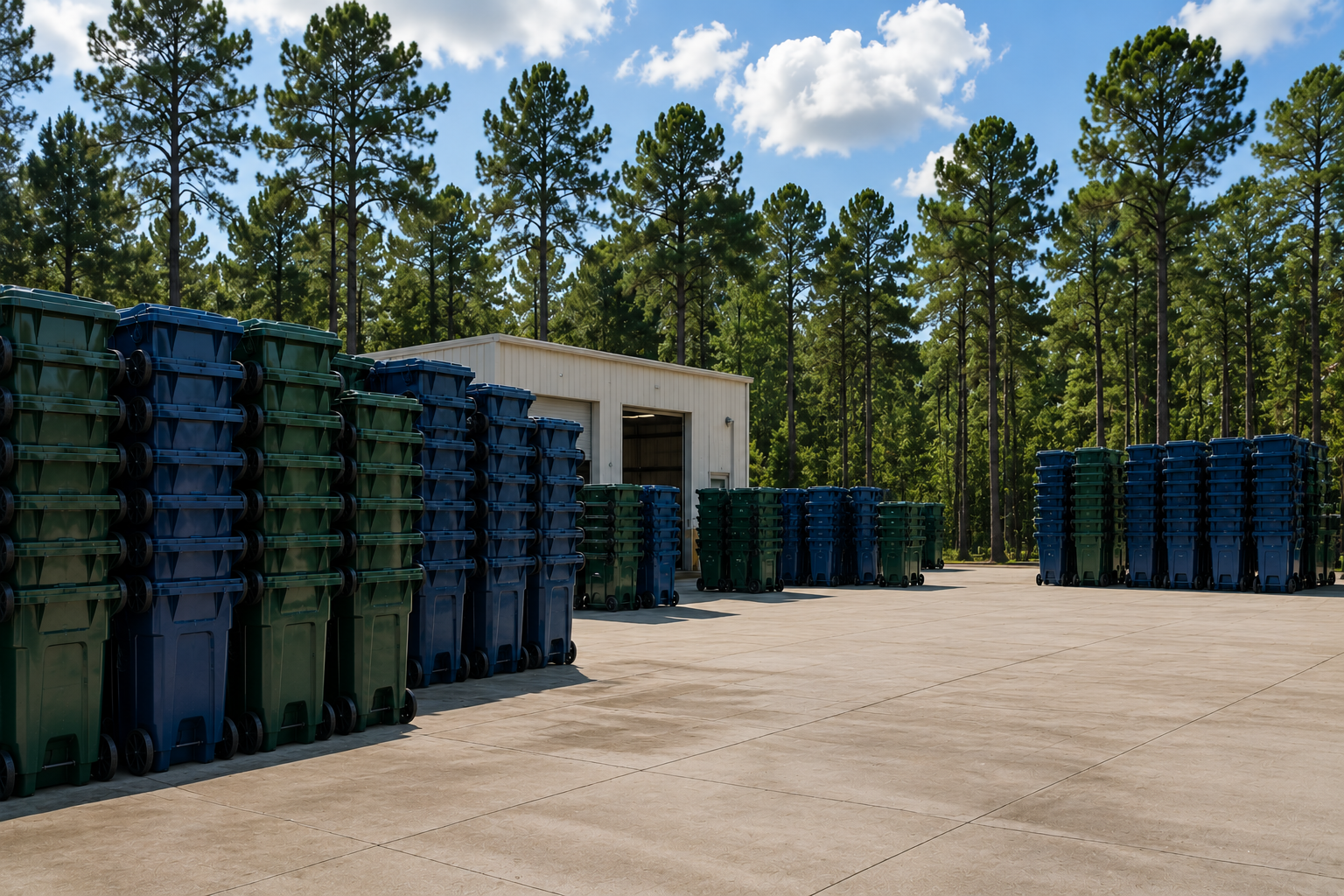 Rows of blue and green wheeled waste and recycling bins are neatly stacked in an outdoor storage yard beside a utility building, surrounded by tall pine trees under a bright sky.