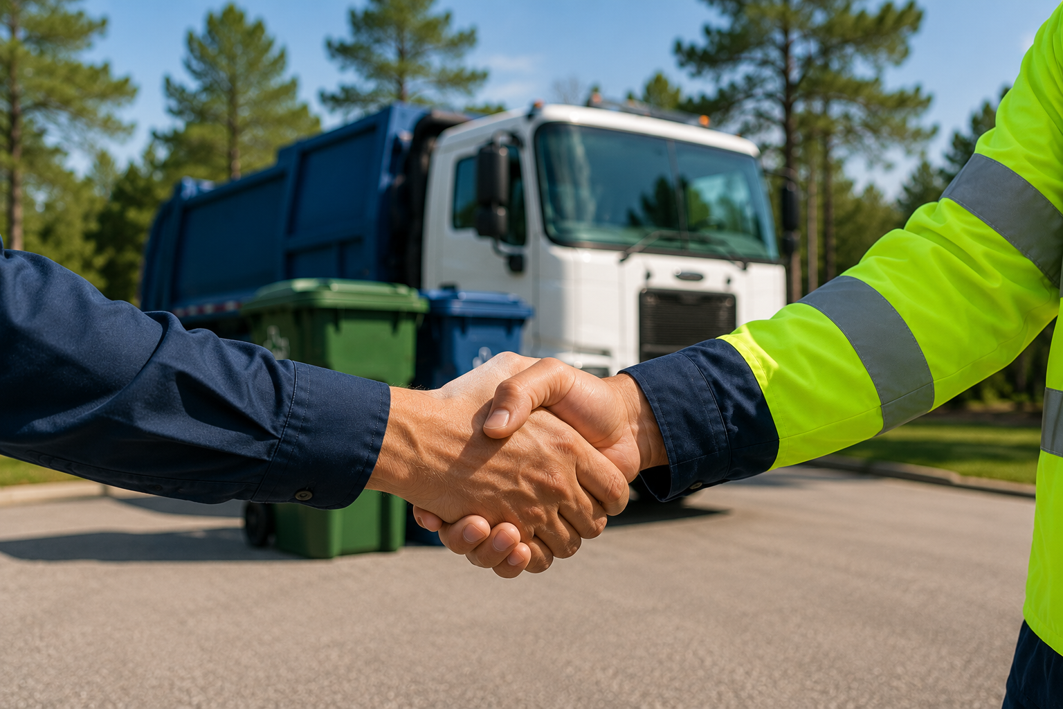 Two people shake hands in front of a garbage truck and recycling bins, symbolizing a partnership or agreement for waste management services.