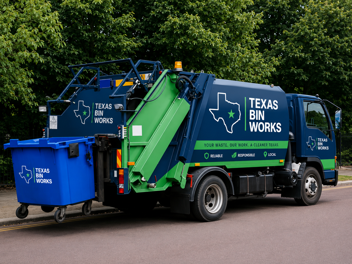 Texas Bin Works trash can cleaning truck servicing residential garbage and recycling bins in Montgomery County and Walker County, Texas