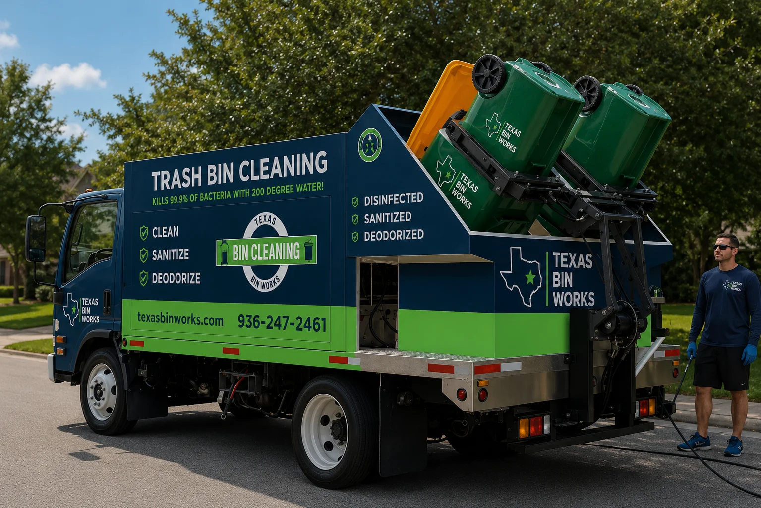 A Texas Bin Works cleaning truck with green trash bins tilted for cleaning, an employee stands nearby.