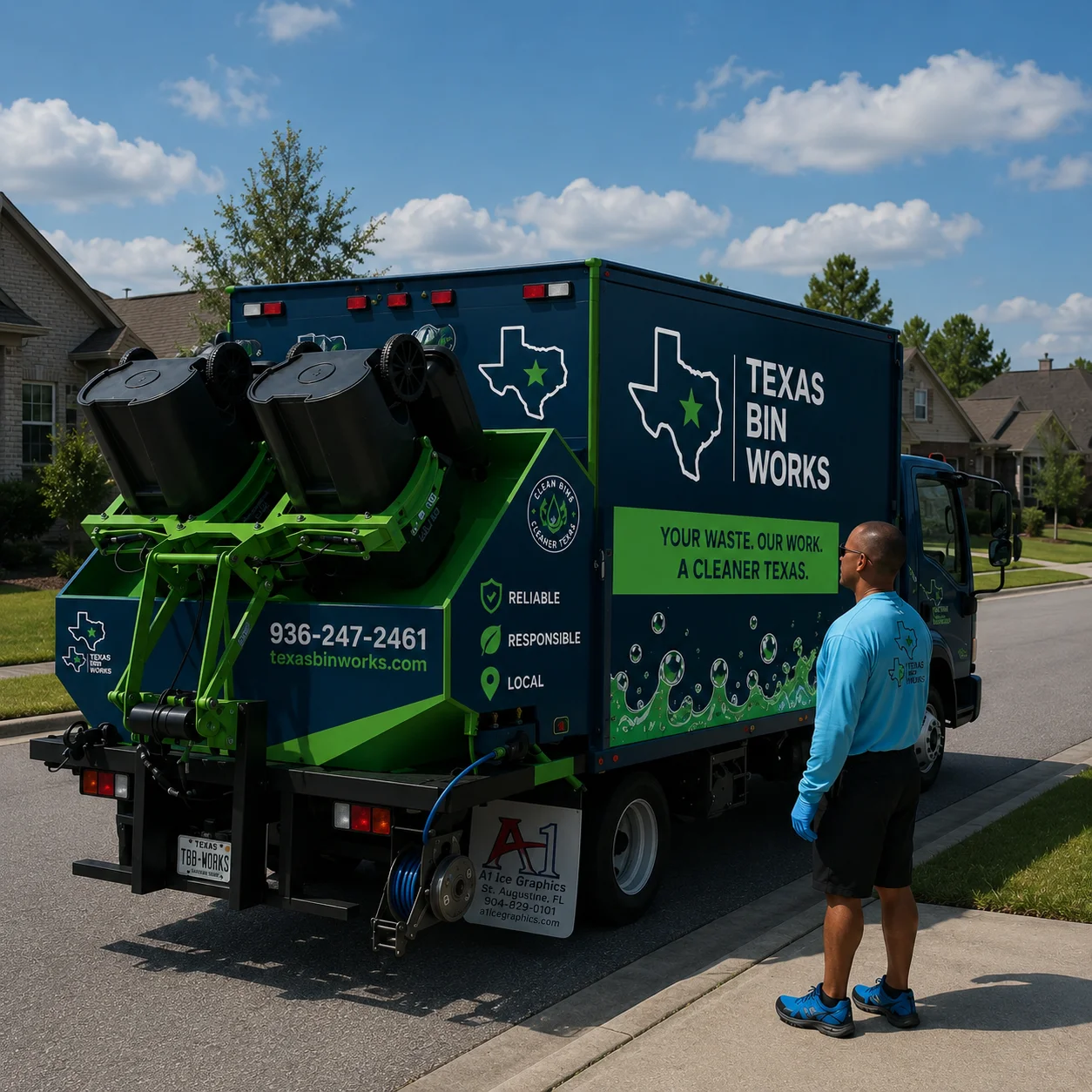 A man in a blue shirt and black shorts stands on a sidewalk, looking at the back of a "Texas Bin Works" cleaning truck.