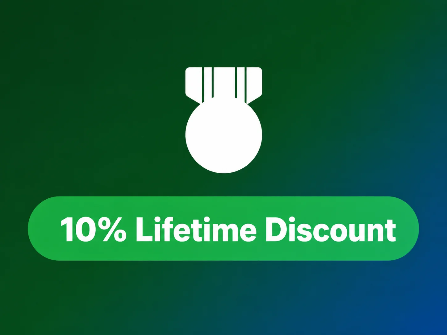 A white award medal icon above a green oval with '10% Lifetime Discount' text on a dark green to blue gradient background.