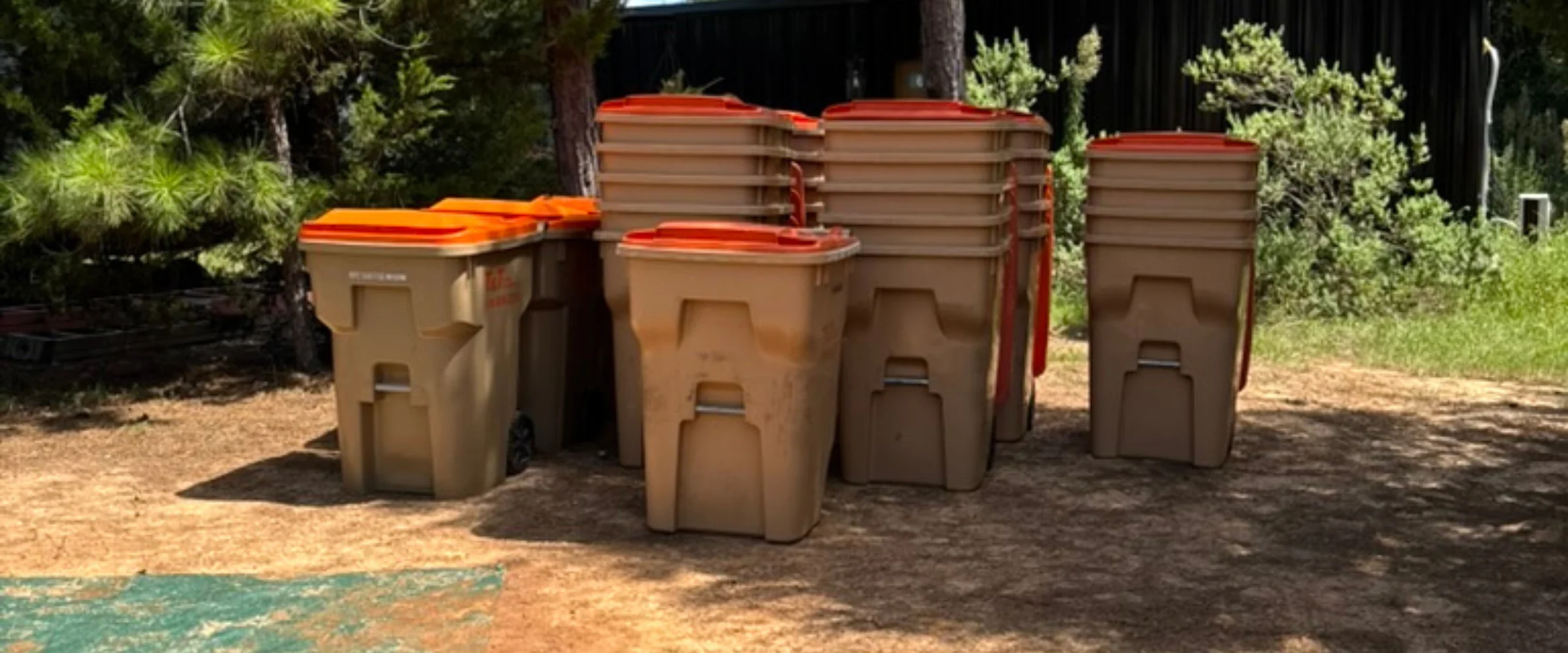 A collection of beige garbage and recycling bins with bright orange lids, grouped outdoors on a dirt path under trees.