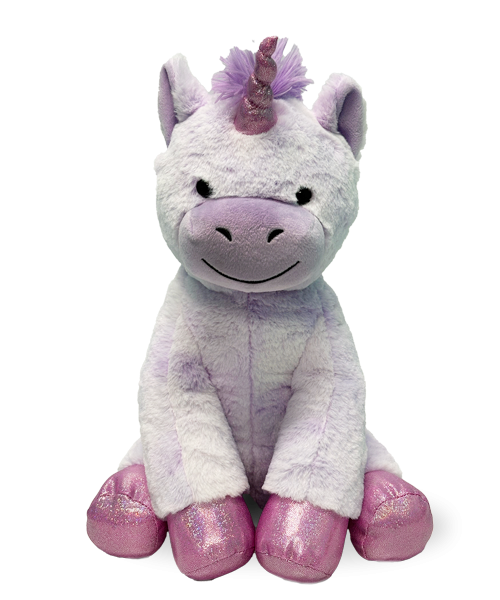 White unicorn plush with pink and purple details