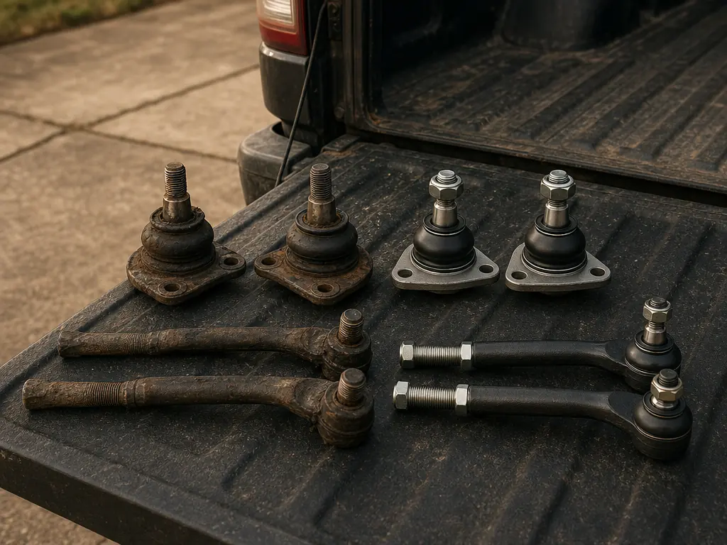 Worn steering parts shown next to new ones on a tailgate