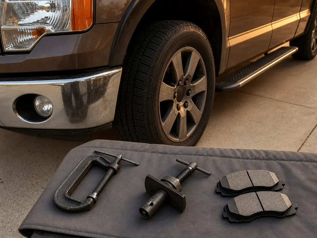 Brake caliper tools and new pads beside a pickup truck wheel in a home driveway