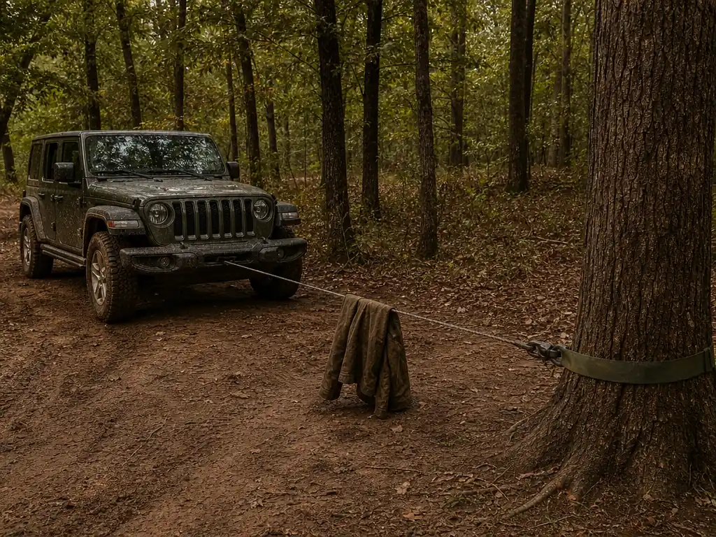 Winch line to a tree saver strap with a jacket draped over the line as a dampener