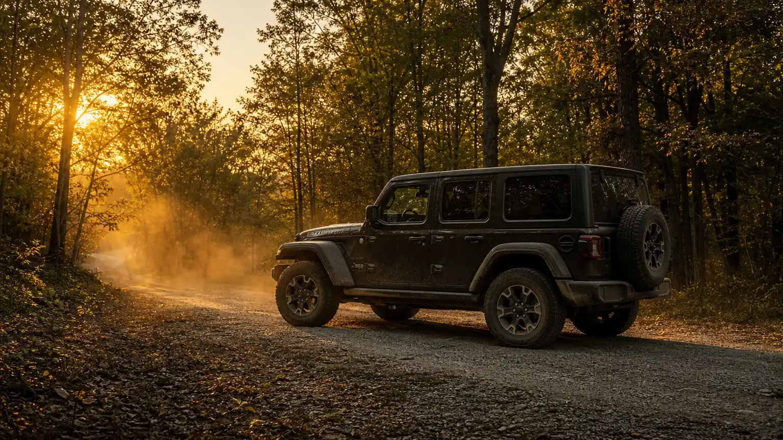 Jeep Wrangler on a gravel road at the edge of the woods at golden hour
