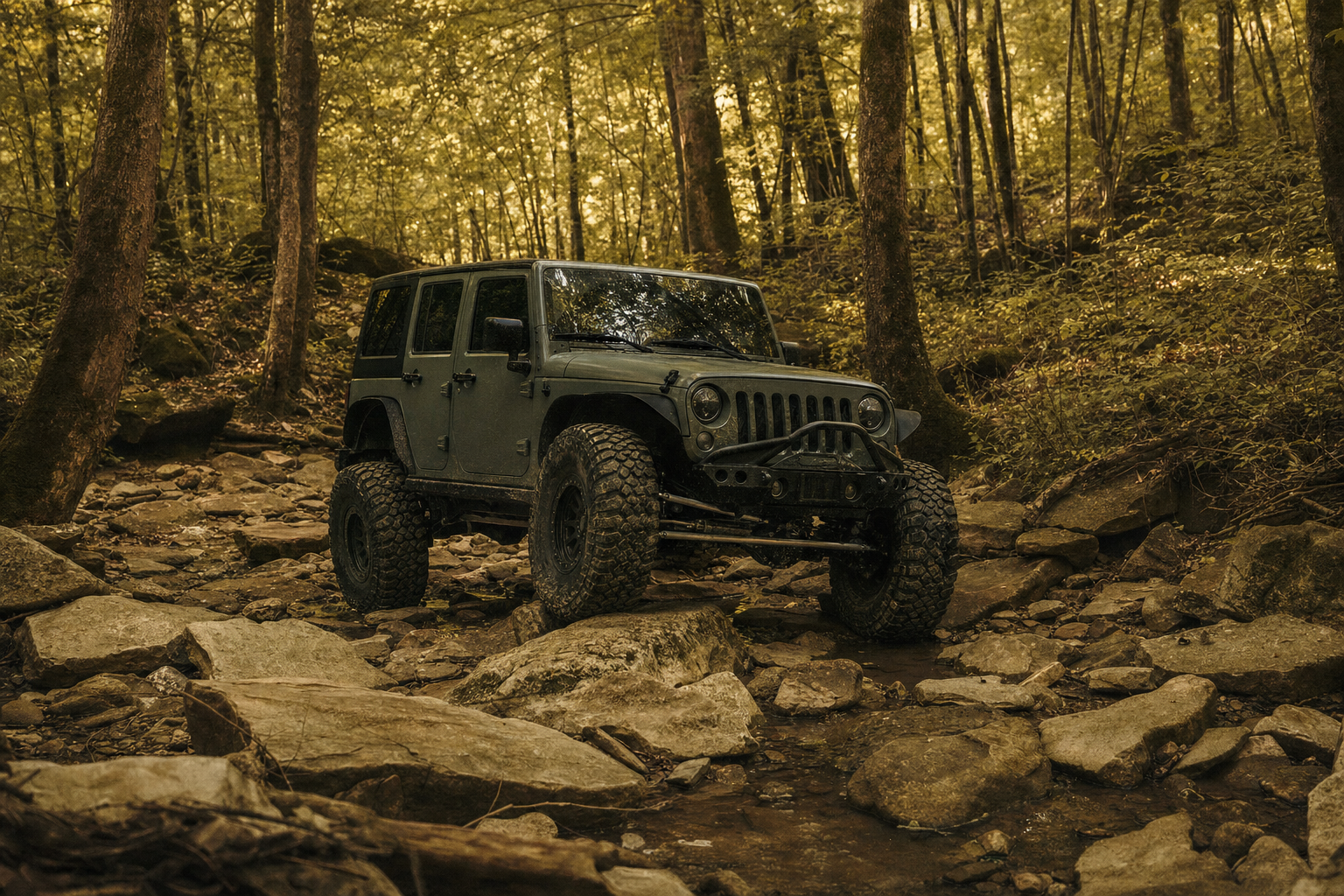 Jeep Wrangler JK with a long arm suspension on a rocky trail