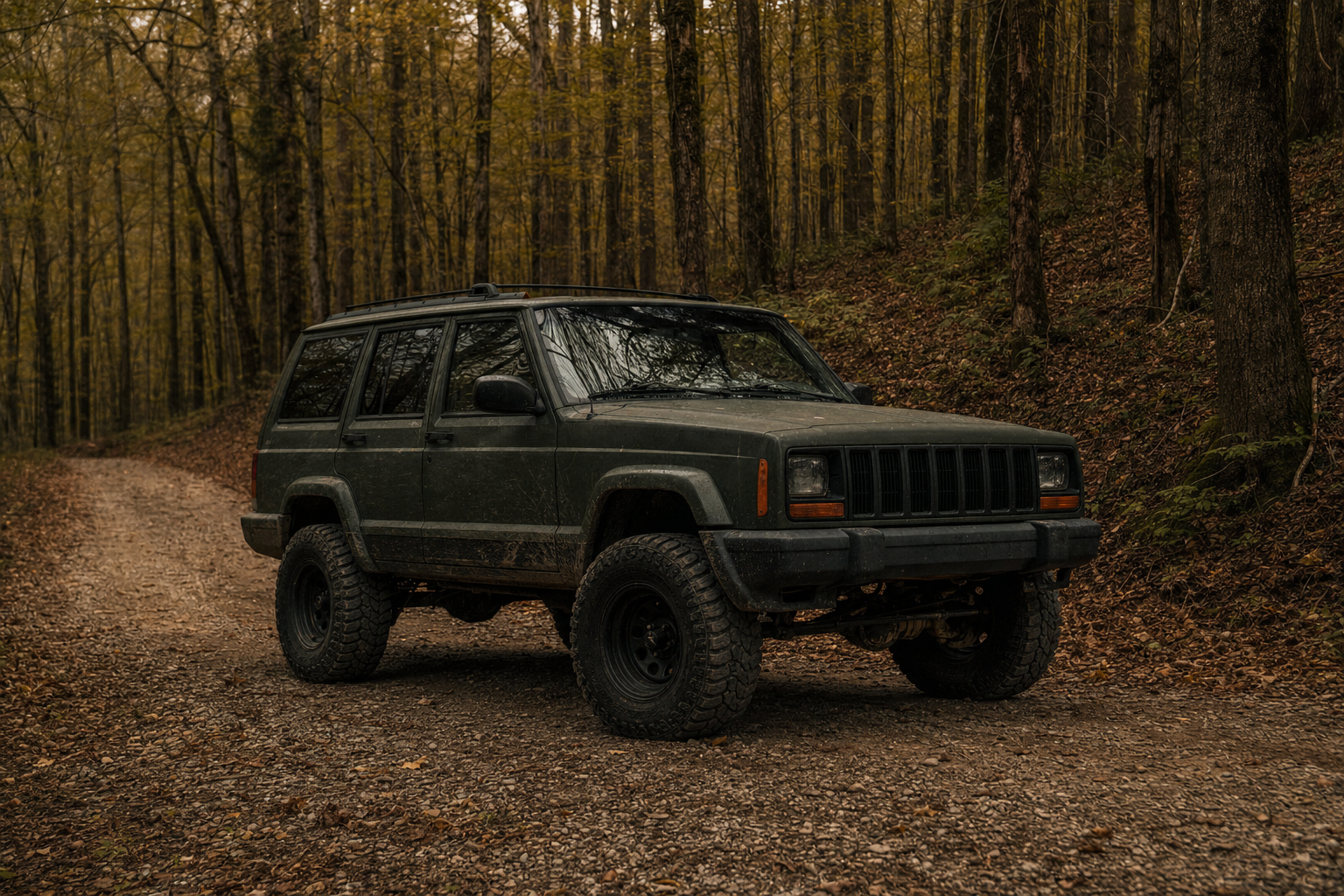 Lifted Jeep Cherokee XJ on a forest road