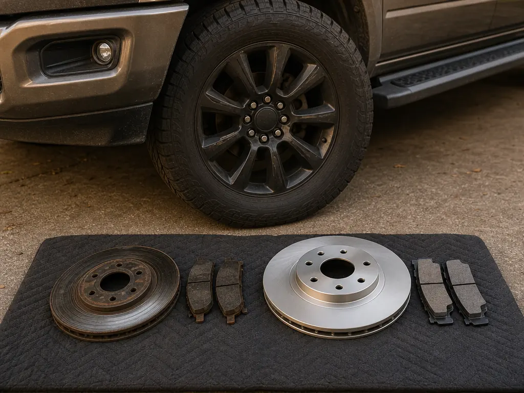 Worn brake pads and rotor next to new replacements beside a pickup truck