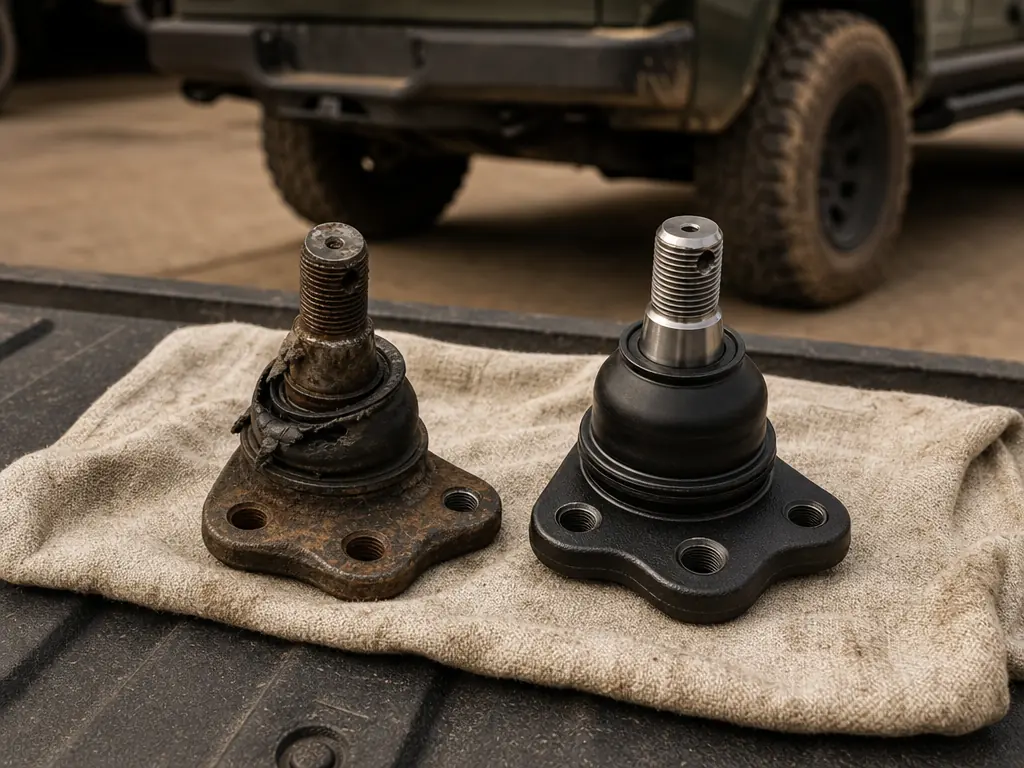 Worn Jeep ball joint next to a new replacement