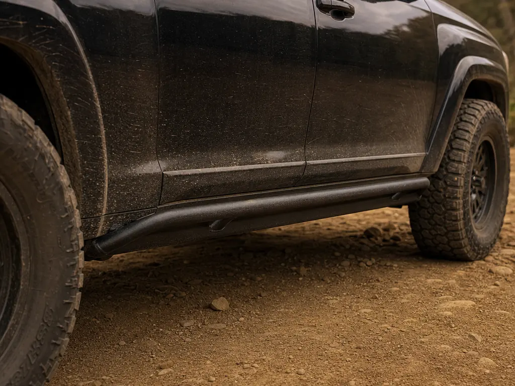 Steel rock slider mounted along a Toyota 4Runner