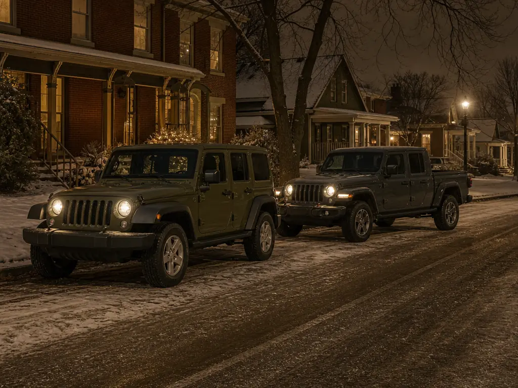 Jeeps on a snowy Louisville street at dusk