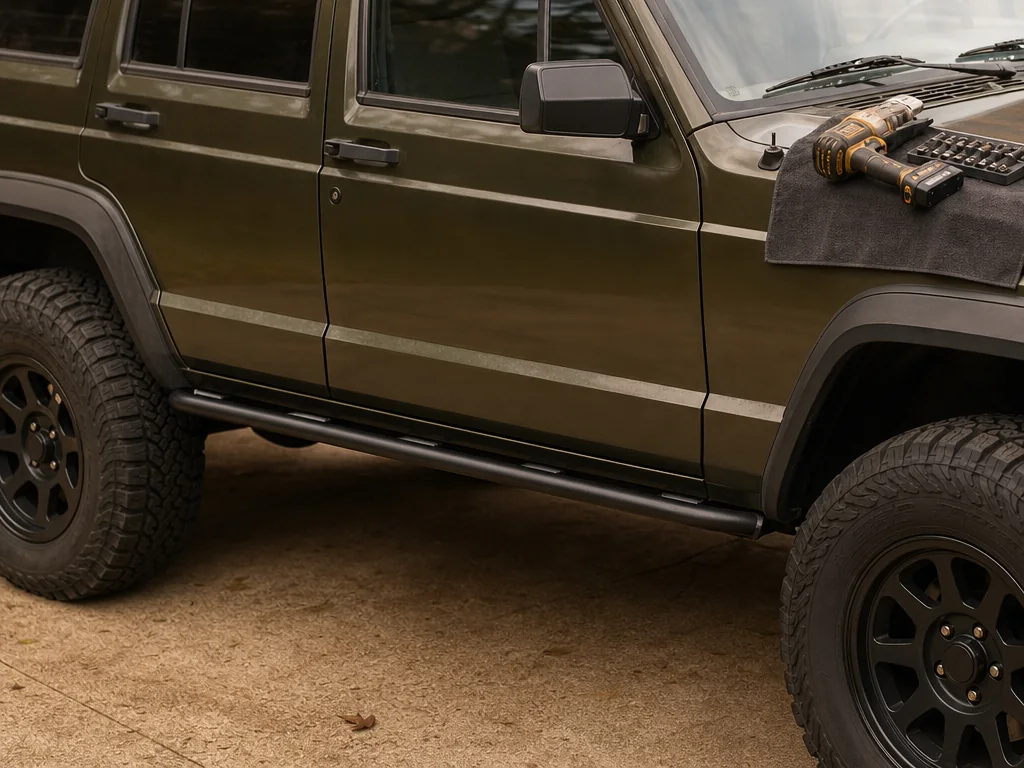 Rock slider being installed on a Jeep Cherokee XJ in a driveway
