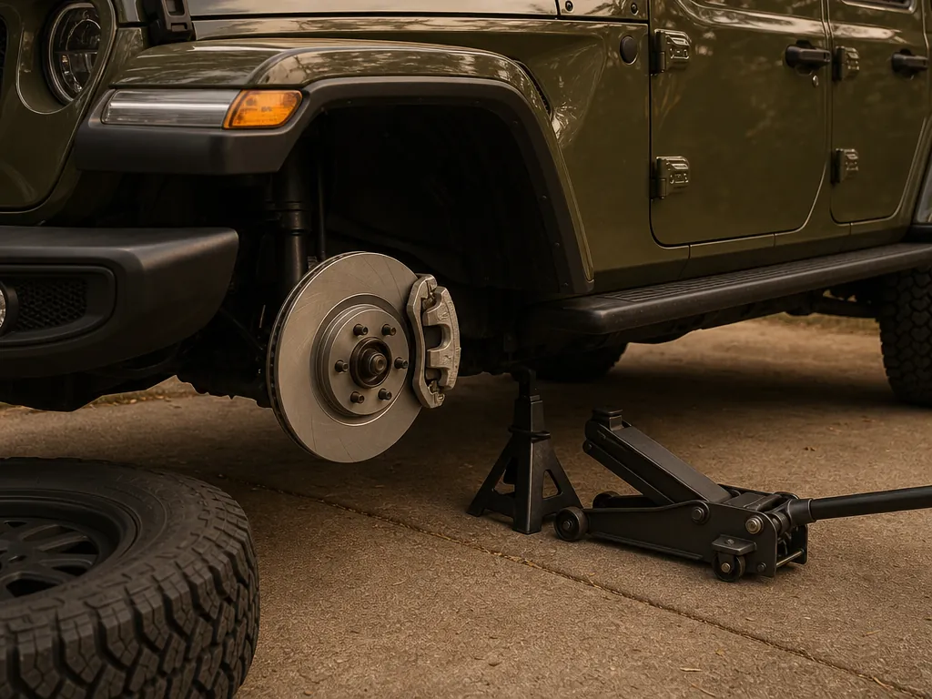 Brake work on a Jeep Gladiator in a driveway
