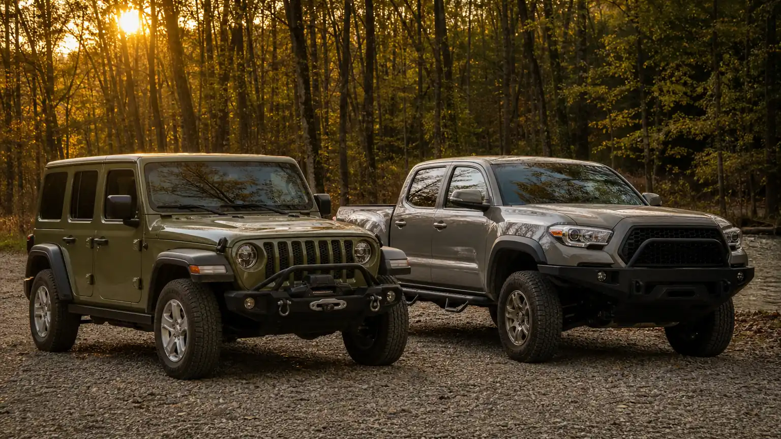 Jeep Wrangler and Toyota Tacoma with steel bumpers on a gravel drive