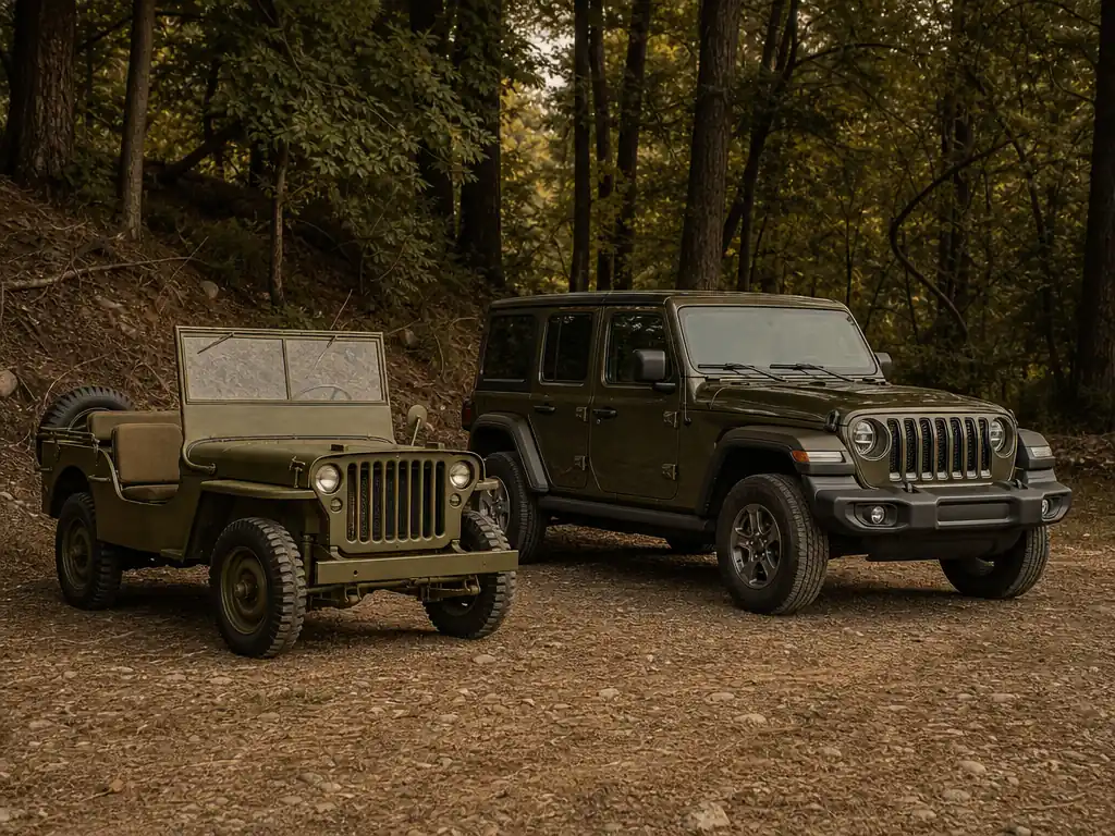 A WWII-era jeep parked beside a modern Jeep Wrangler