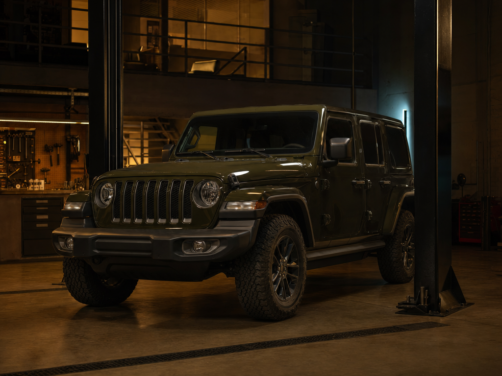 Jeep on a lift in the workshop