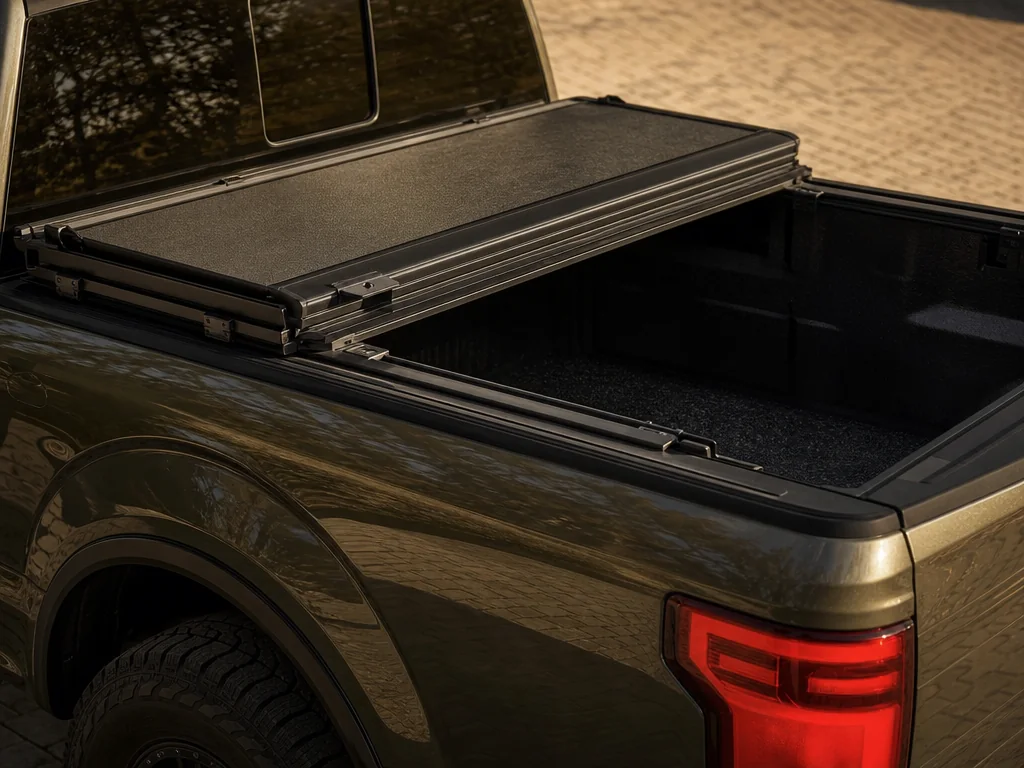 Hard folding tonneau cover half open on a Ford F-150 bed