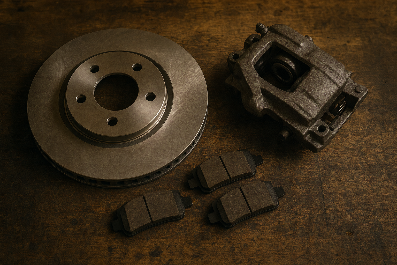 New brake rotor and caliper on a Jeep during a mobile brake repair