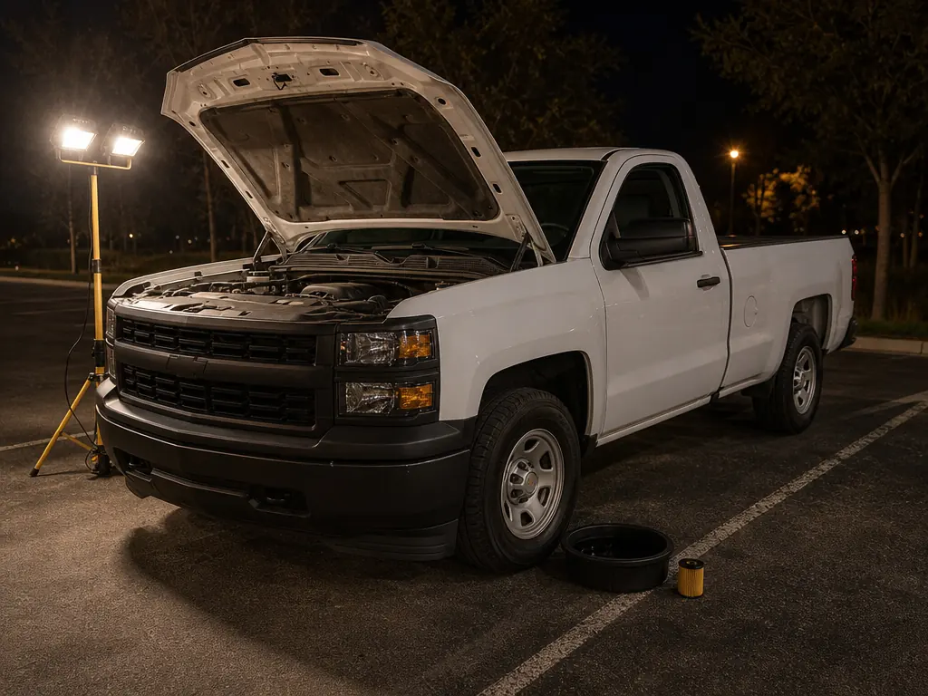 Evening oil service on a work pickup in a company parking lot