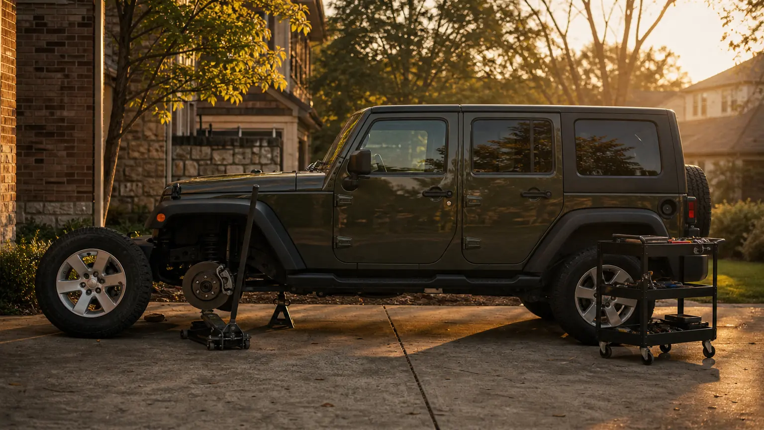 Jeep Wrangler in a driveway with a front wheel off for ball joint replacement