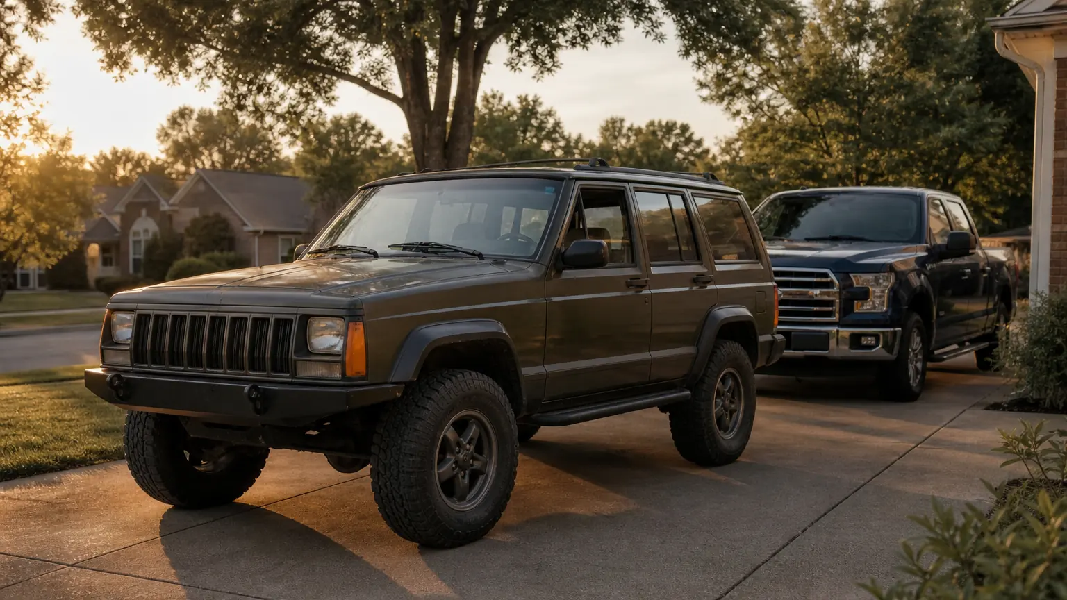 Lifted Jeep Cherokee XJ in a driveway beside a mobile mechanic's service truck