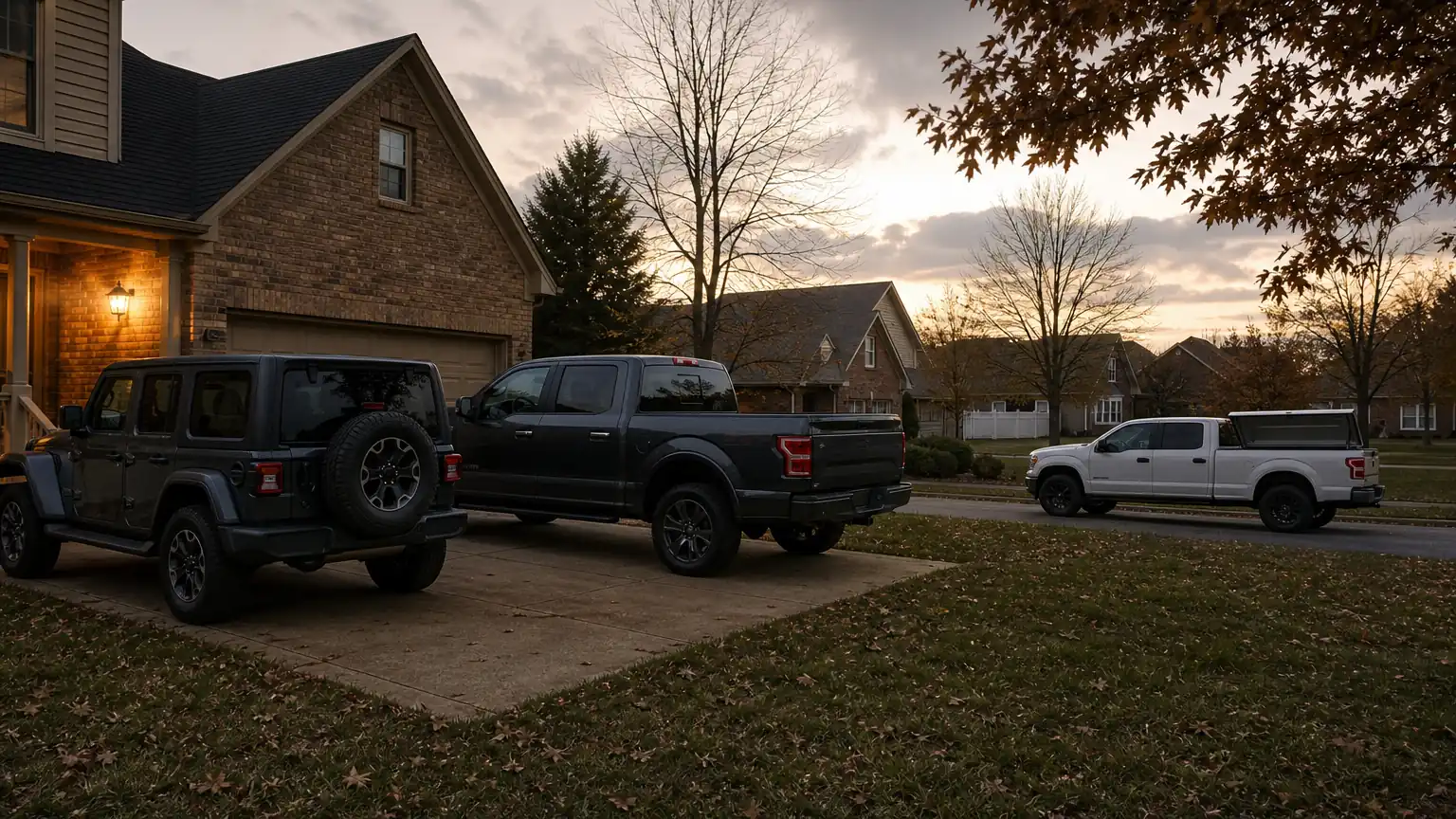 Mobile mechanic's service truck at a driveway with a Jeep and a pickup