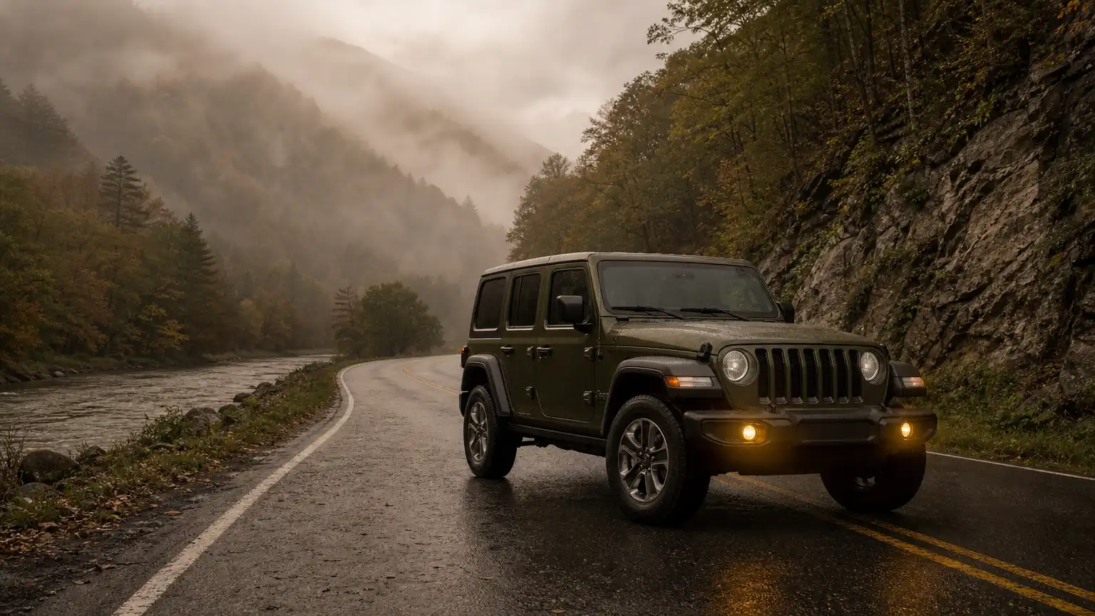 Jeep with amber lights on a foggy river road